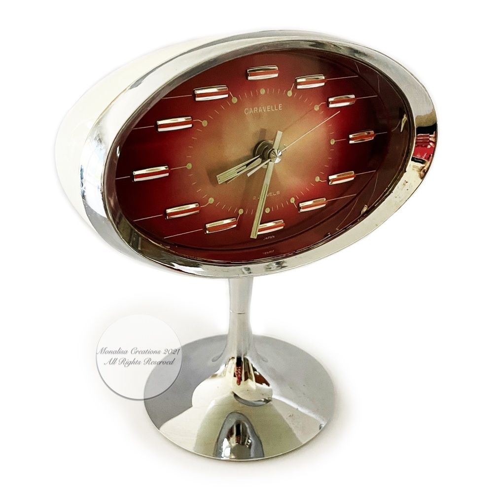 Mid Century Modern Clock Caravelle Japan Wind-Up Alarm Space Age Tulip Vintage
